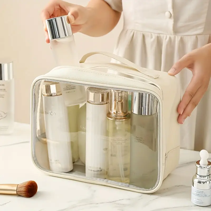 Large Capacity PU Transparent Cosmetic Bag - Portable, with Zip Closure and Top Handle - Ideal for Travel, Gym, Swimming Toiletry Storage - Image 2